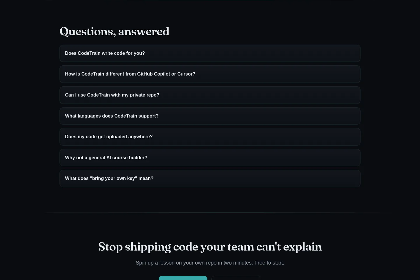codetrain.ai — a real FAQ section
