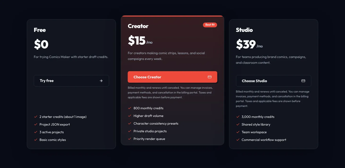 comicsmaker.net Pricing section