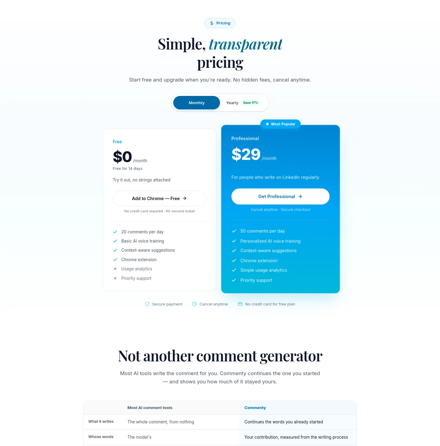 commenty.ai Pricing section