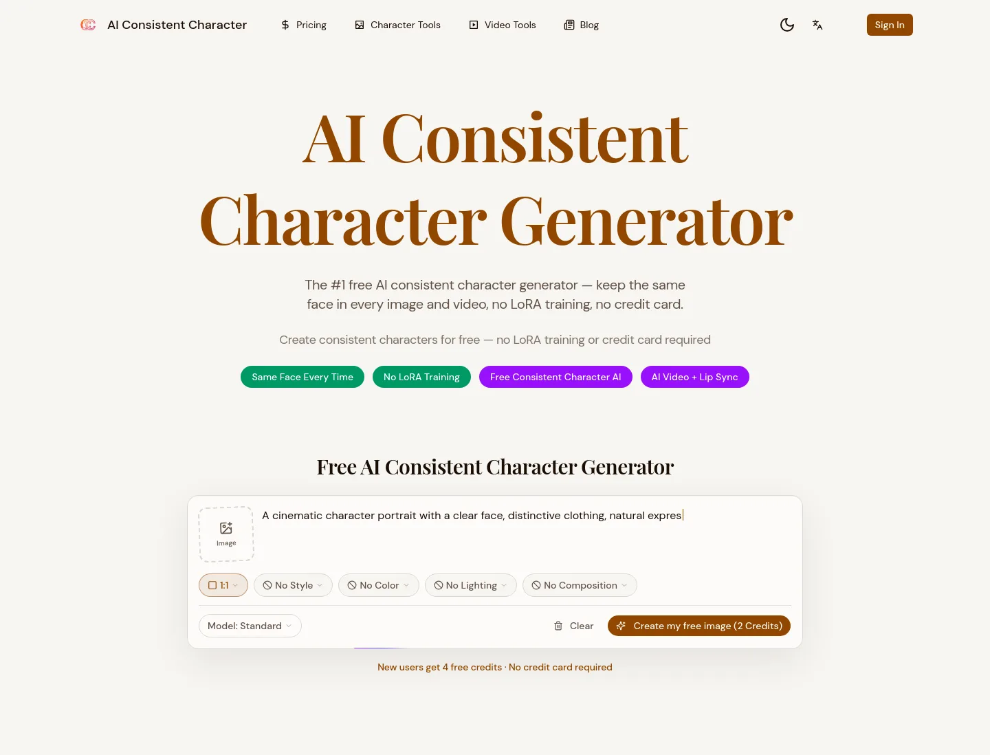 consistent-character-ai.com Hero section
