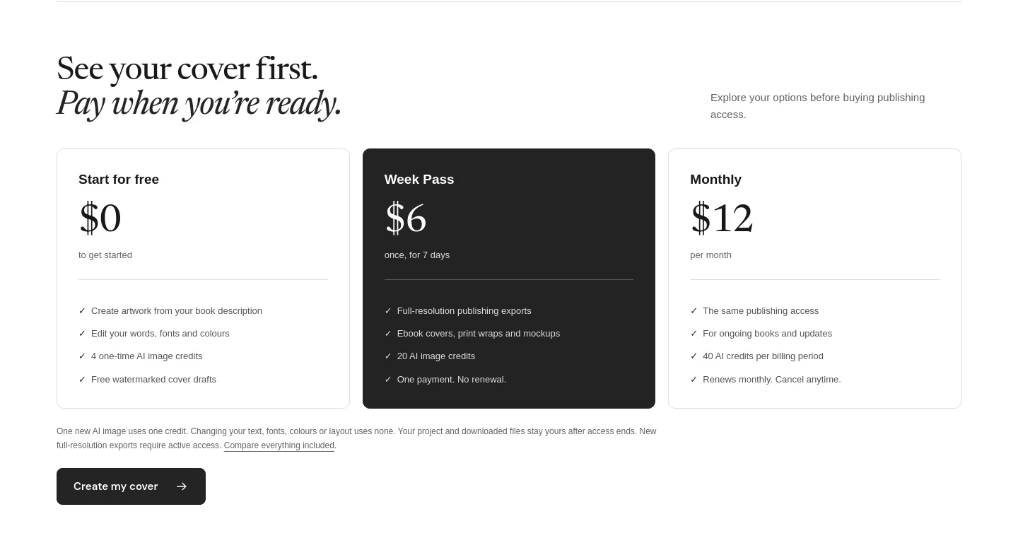 coverfairy.com Pricing section