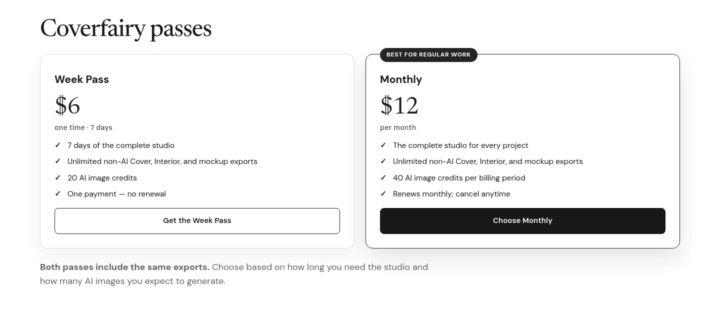 coverfairy.com Pricing section