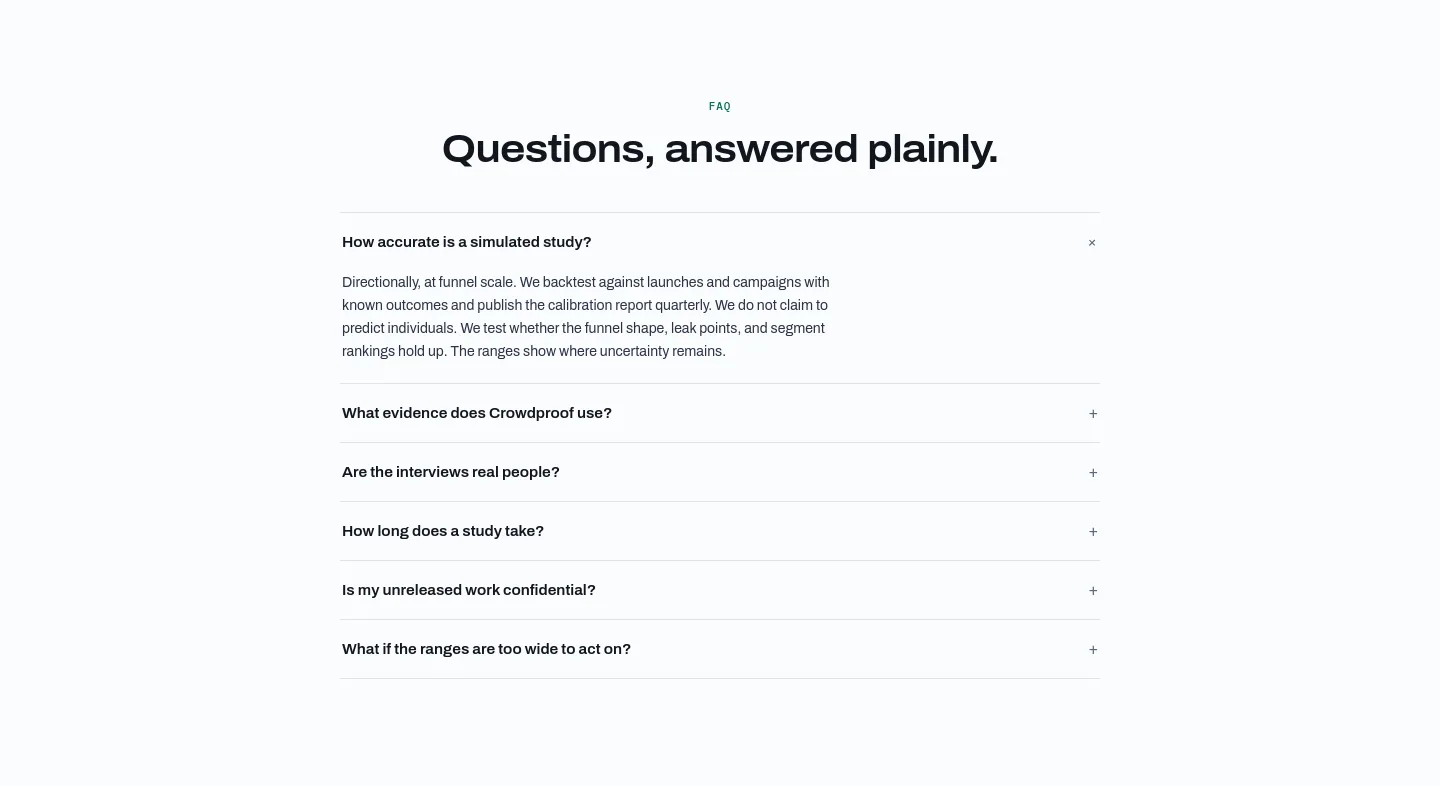 crowdproof.ai — a real FAQ section