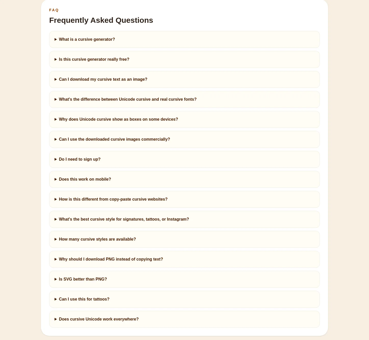cursivegenerators.org — a real FAQ section