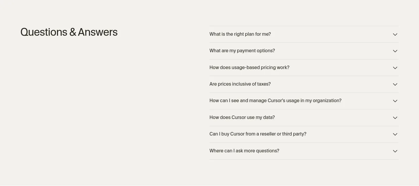 cursor.com FAQ section