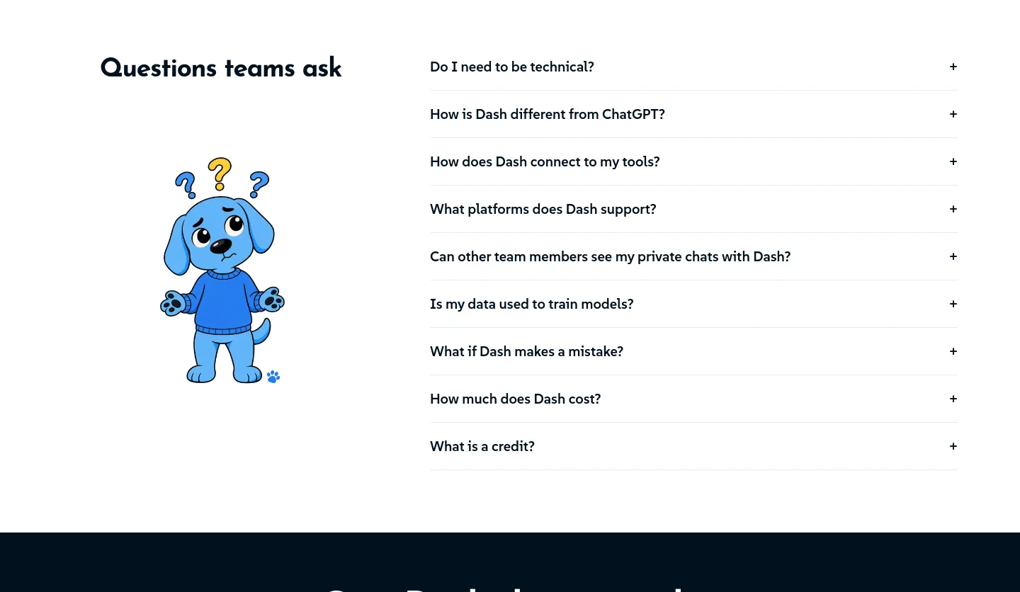 dashpup.ai — a real FAQ section