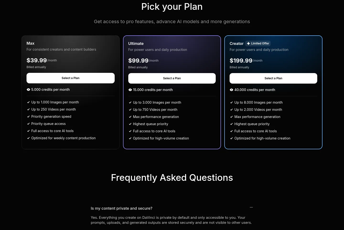davinci.ai Pricing section