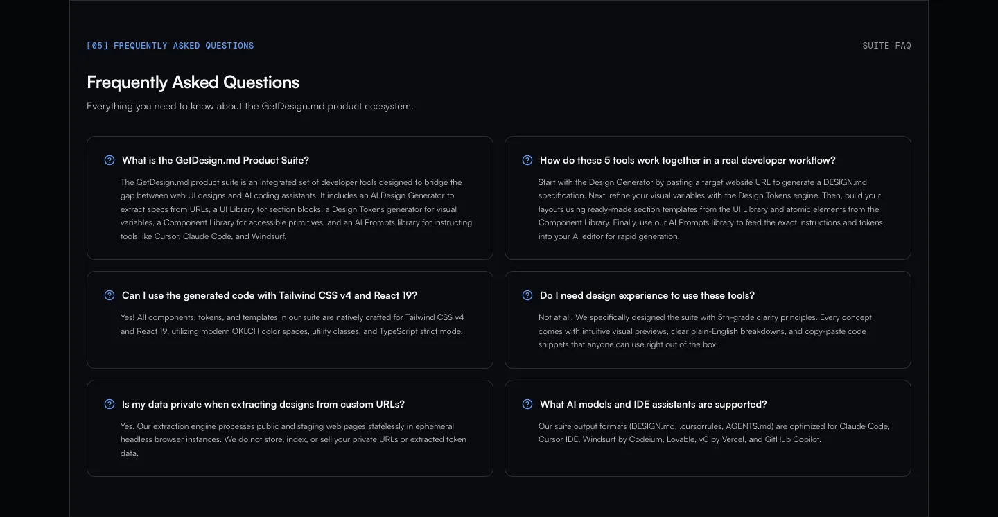designmd.fun — a real FAQ section