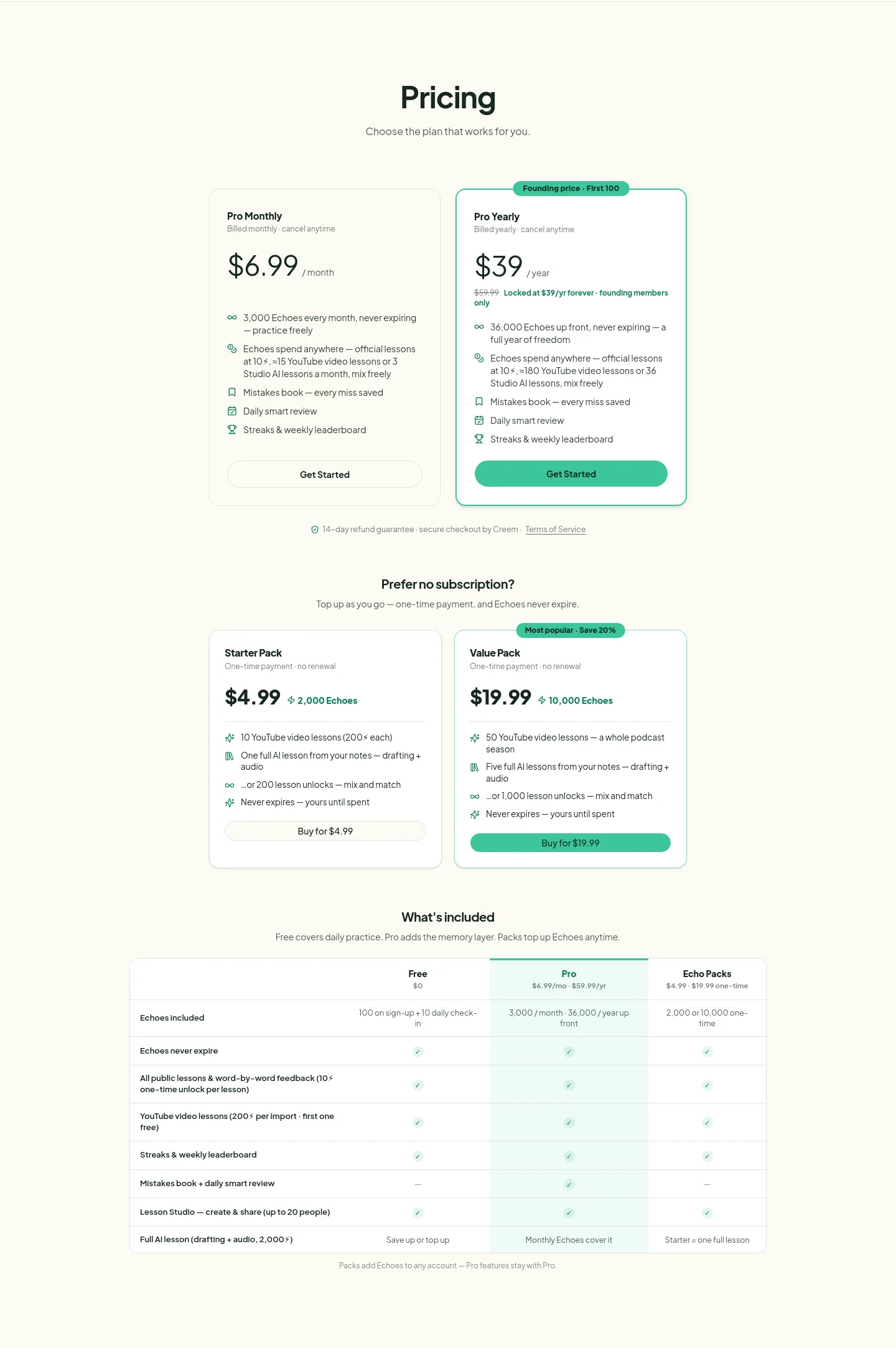 dictationtrainer.com — a real Pricing section