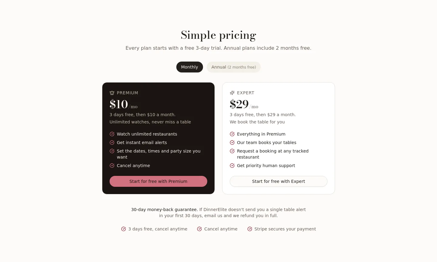 dinnerelite.com Pricing section