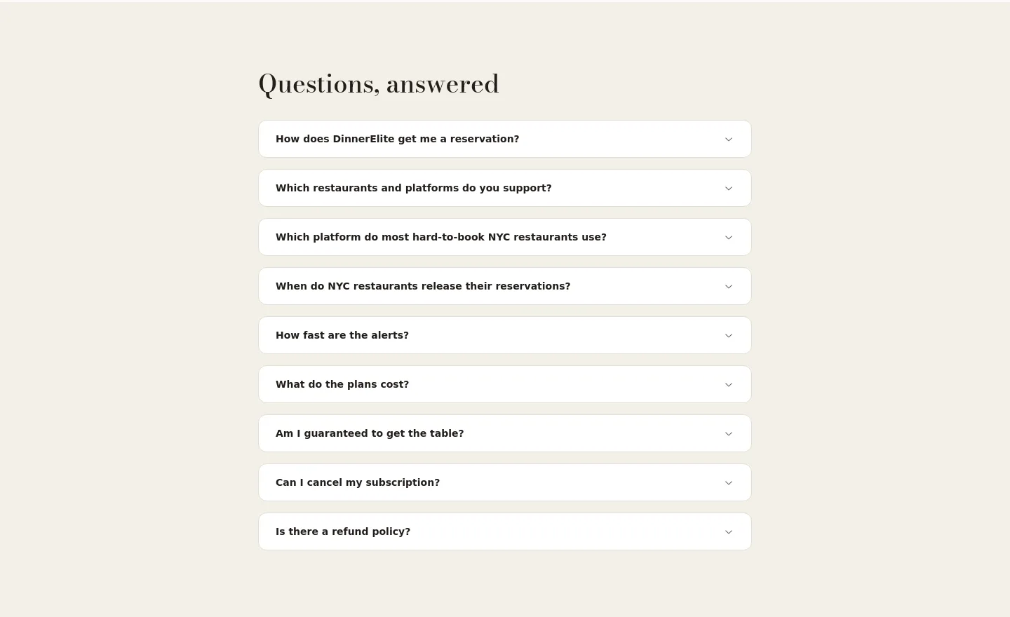 dinnerelite.com FAQ section