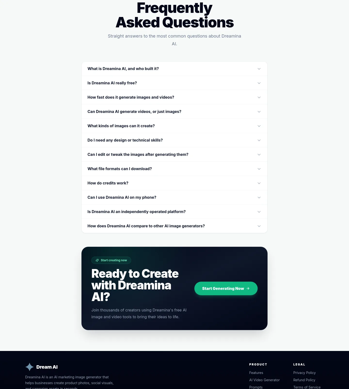 dreaminai.art FAQ section