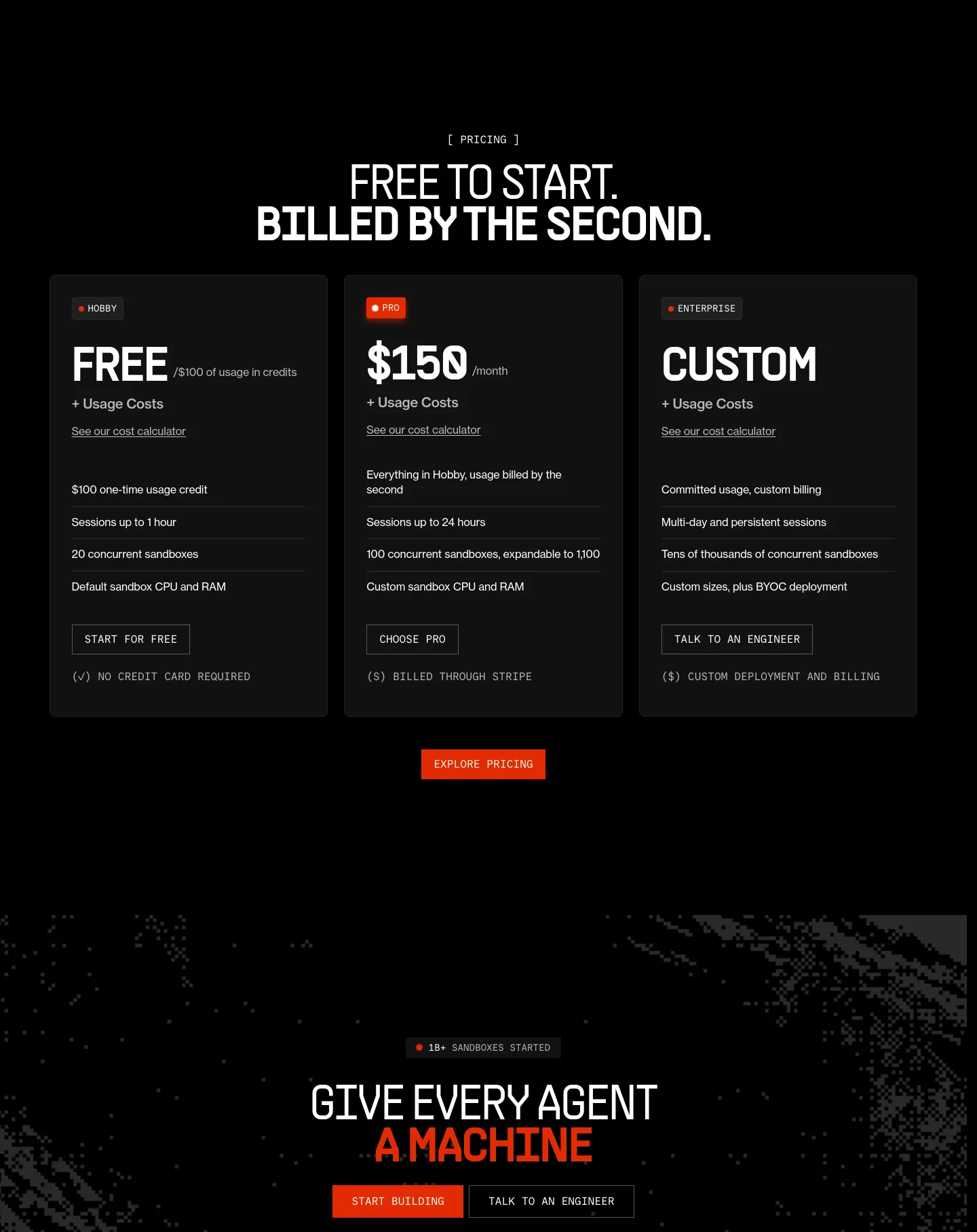 e2b.dev — a real Pricing section