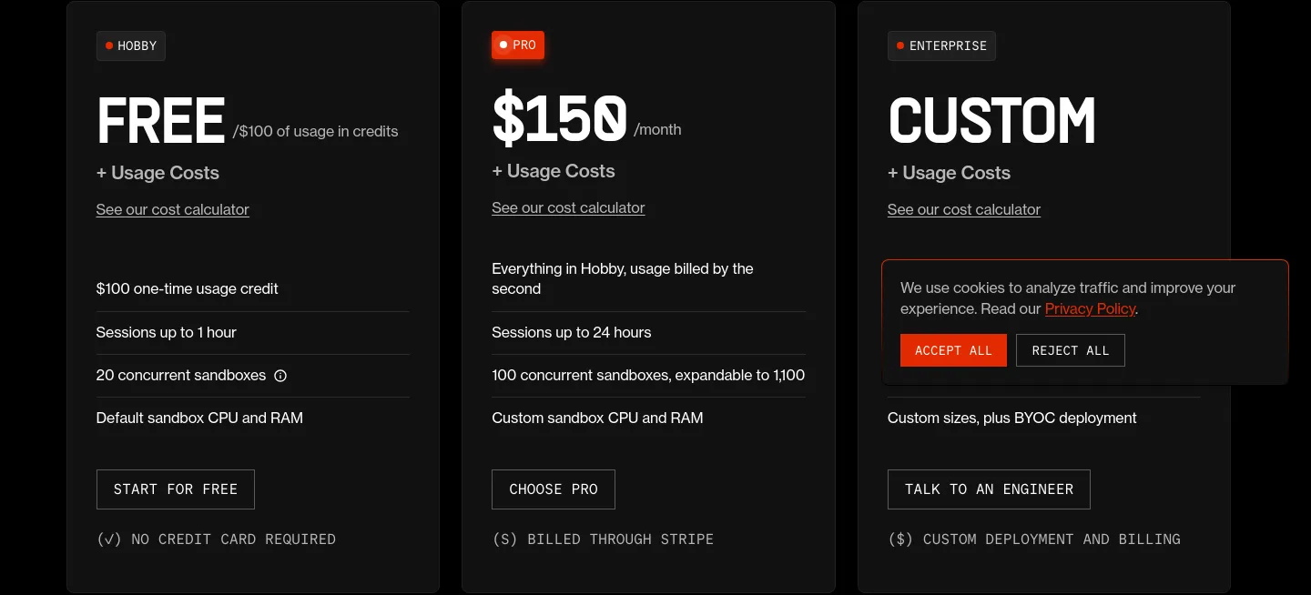 e2b.dev Pricing section