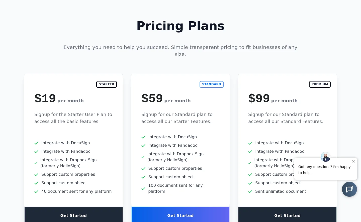 easyesign.oappsit.com Pricing section