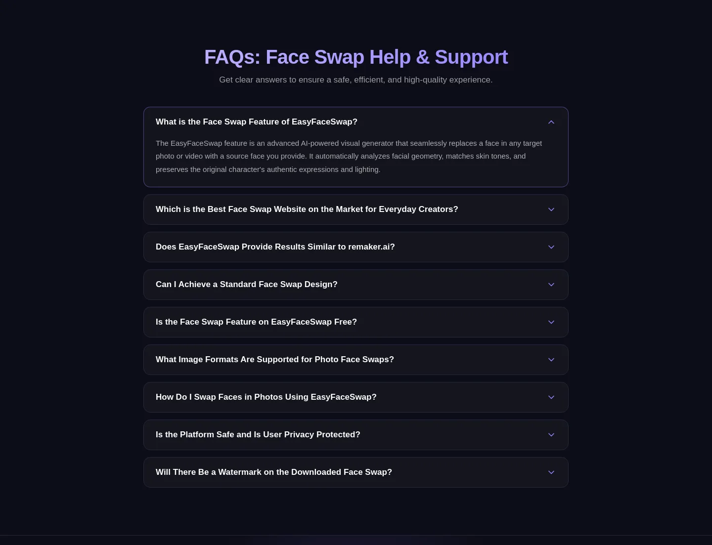 easyfaceswap.com — a real FAQ section