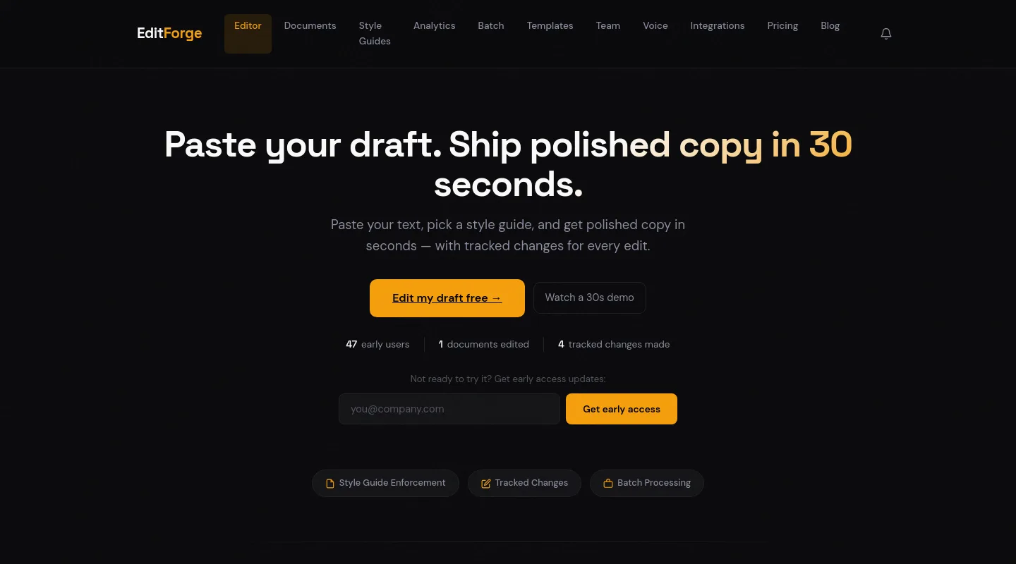 editforge.polsia.app — a measured funnel