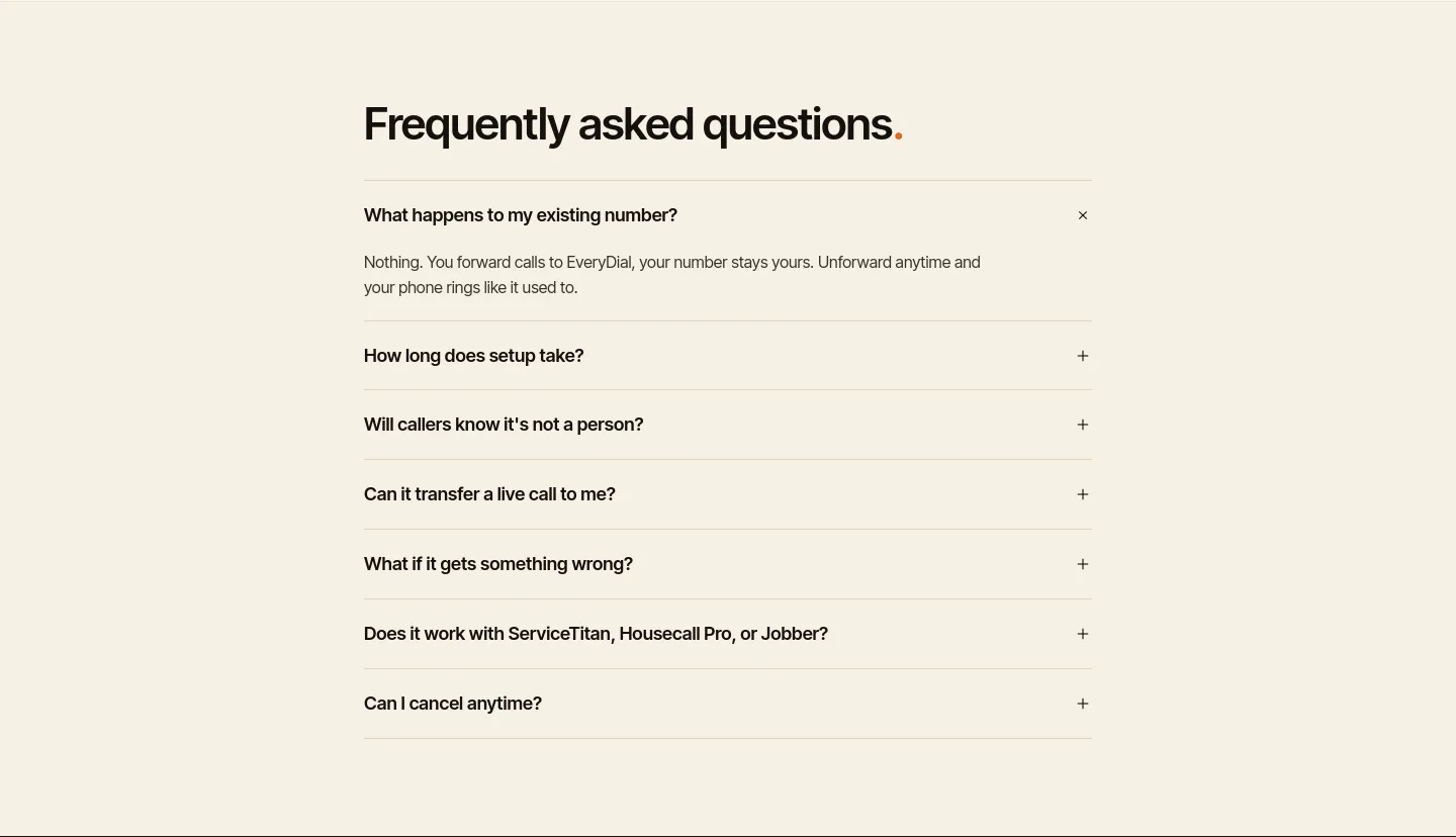 everydial.ai — a real FAQ section