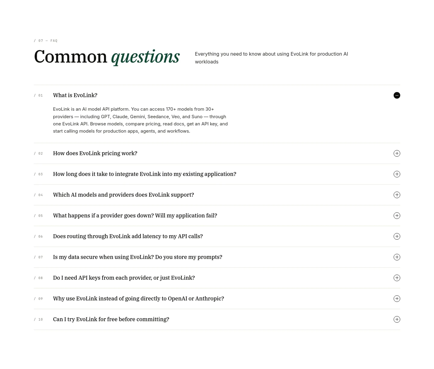 evolink.ai FAQ section