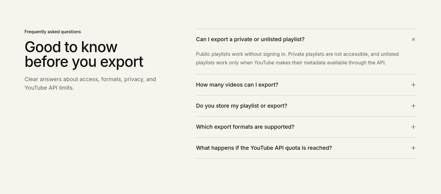 exportyoutubeplaylist.com — a real FAQ section