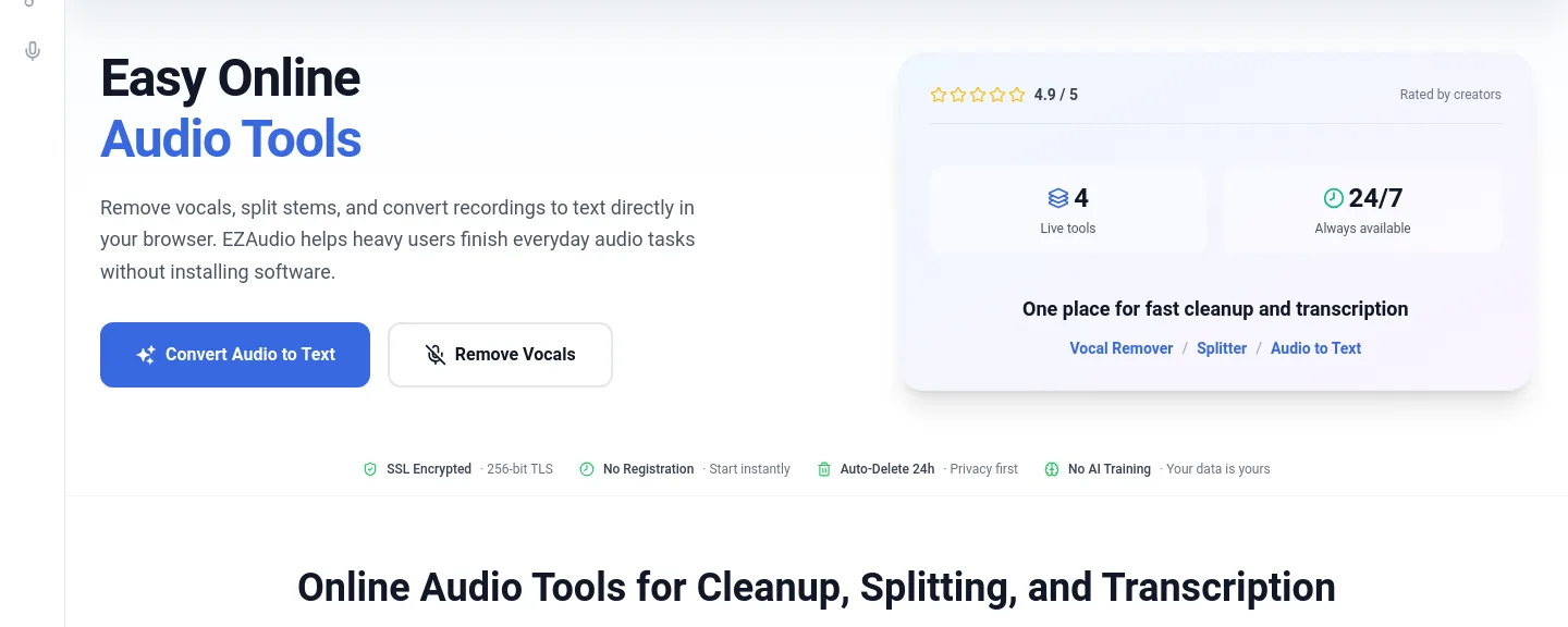 ezaudio.io — a real Hero section