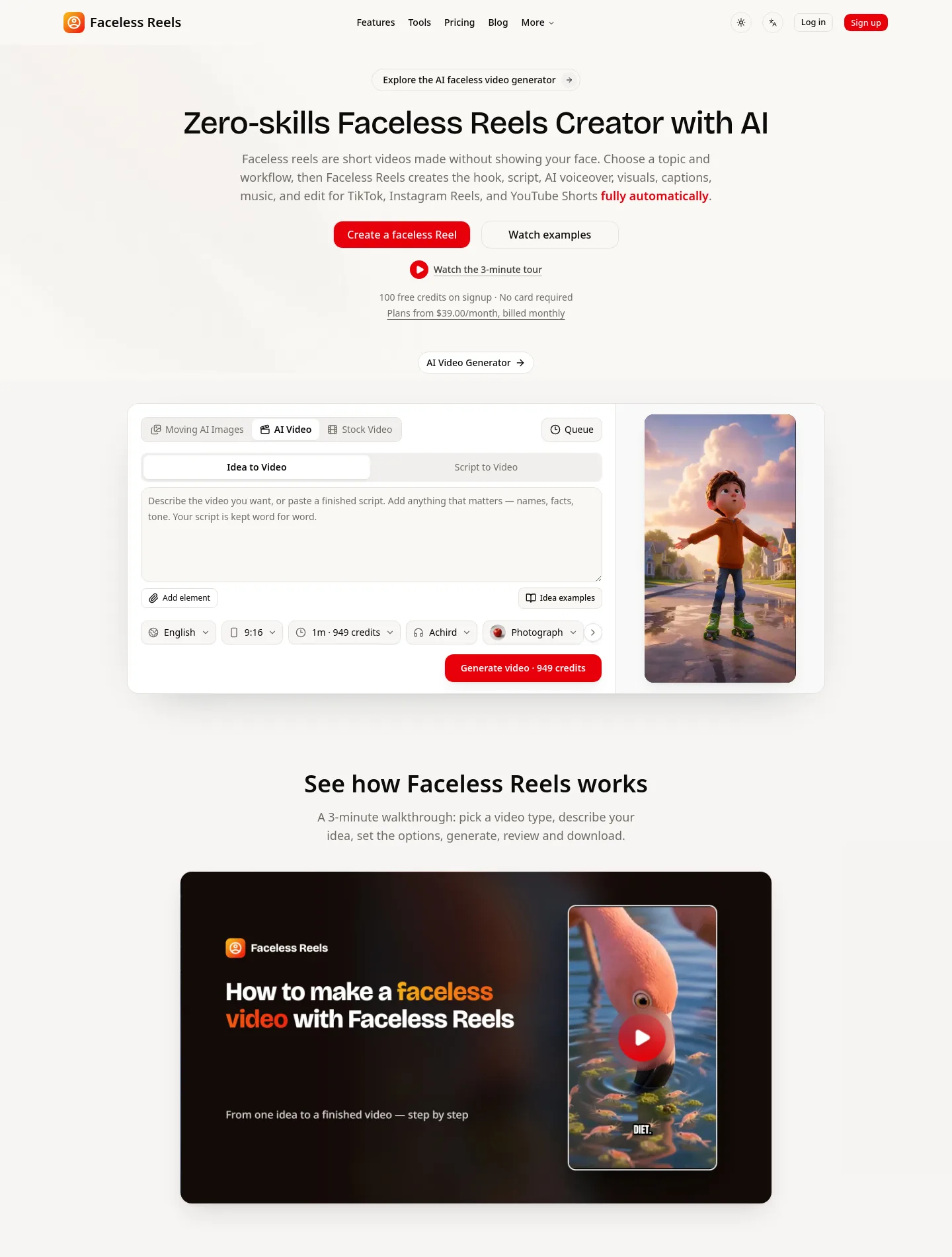 facelessreels.video — Hero + Logo Wall + Pricing + FAQ