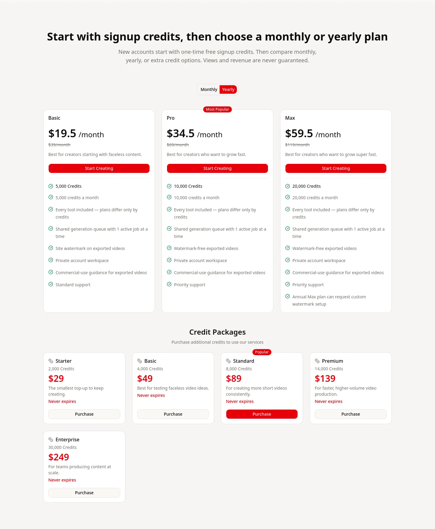 facelessreels.video Pricing section