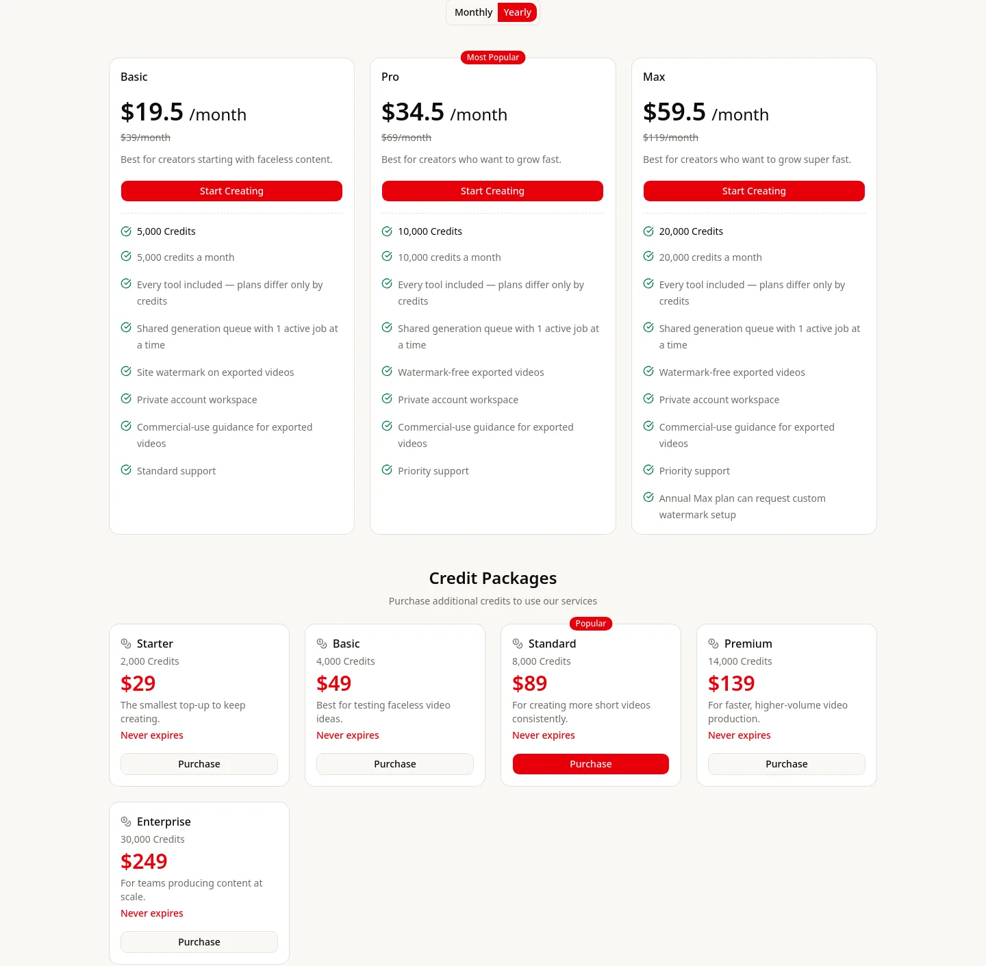 facelessreels.video Pricing section