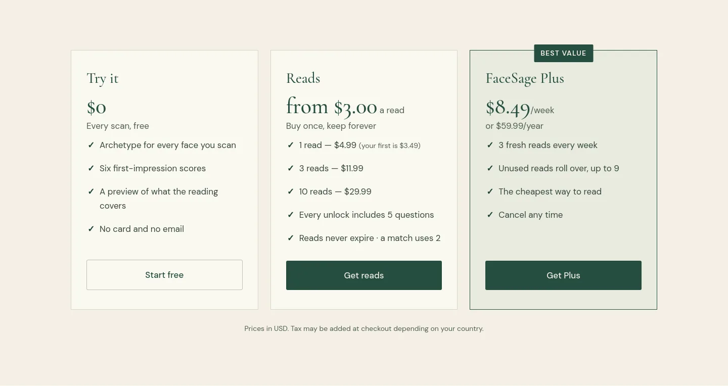 facesage.app Pricing section