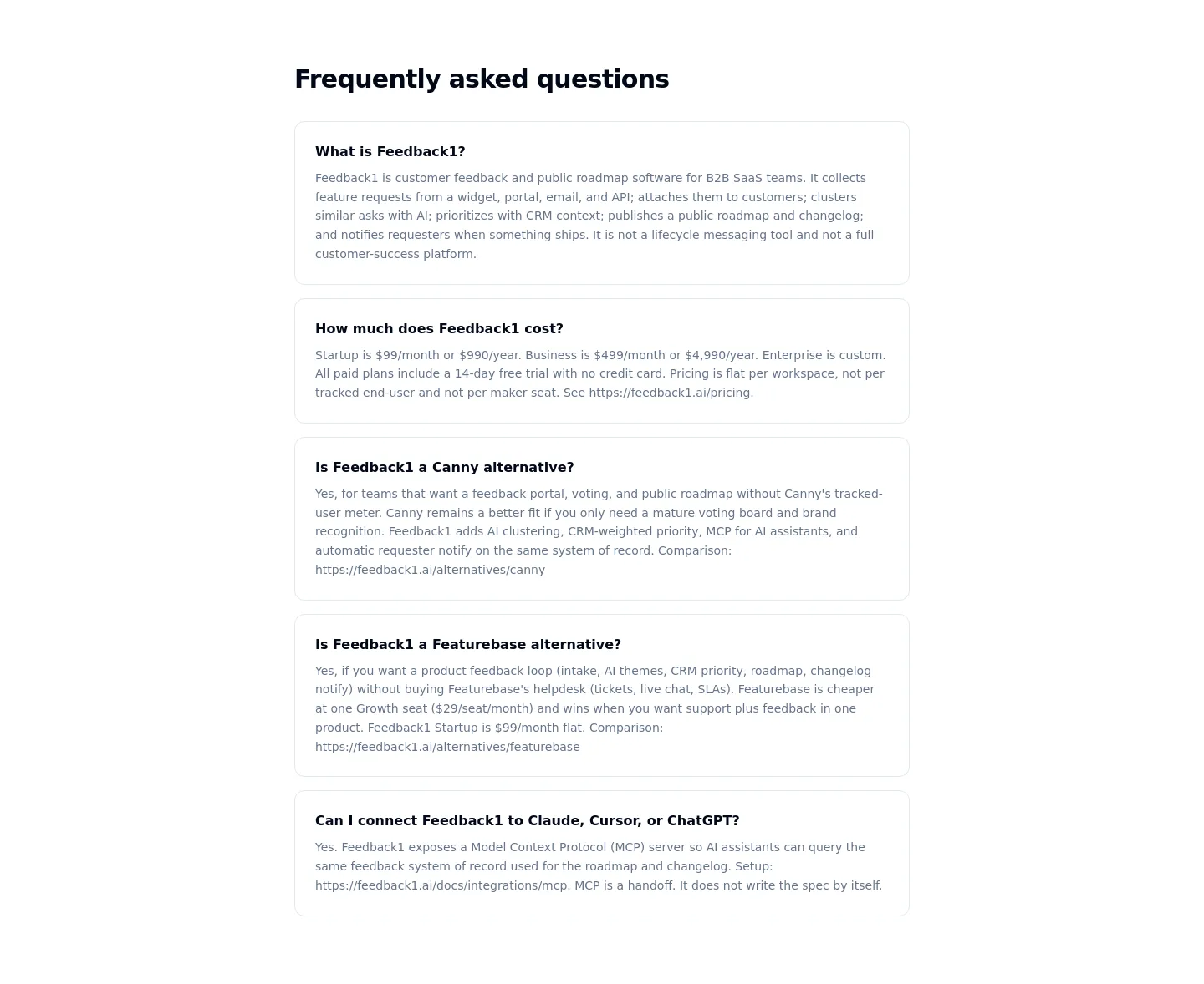 feedback1.ai FAQ section