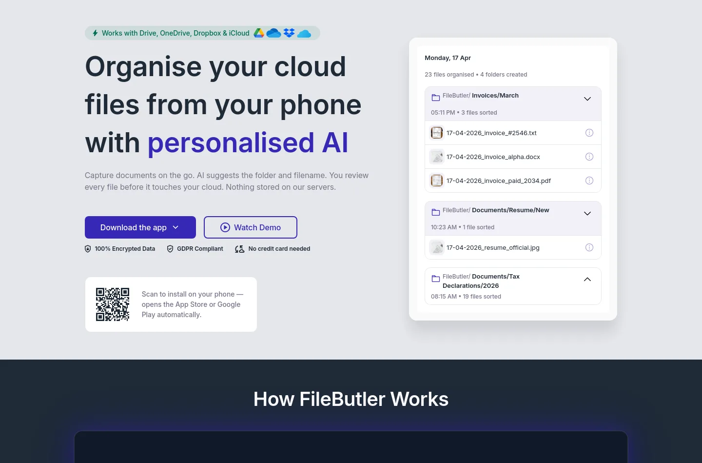filebutler.xyz — a real Hero section