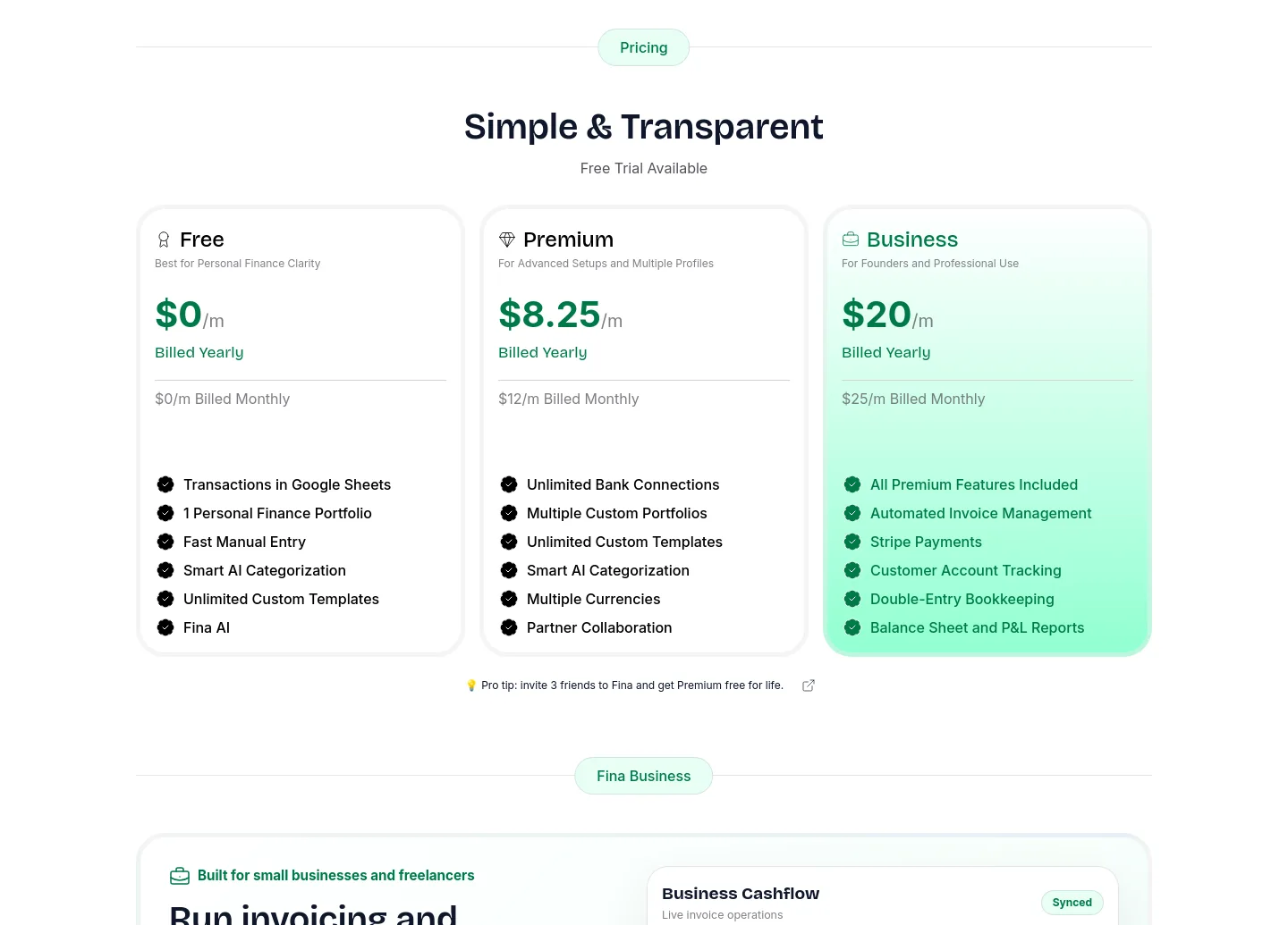 fina.money — a real Pricing section