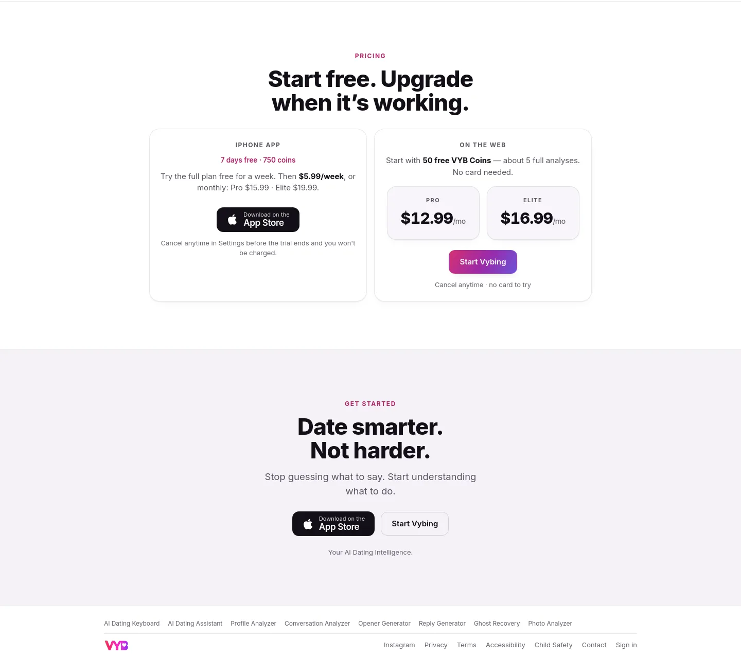 findvyb.com Pricing section