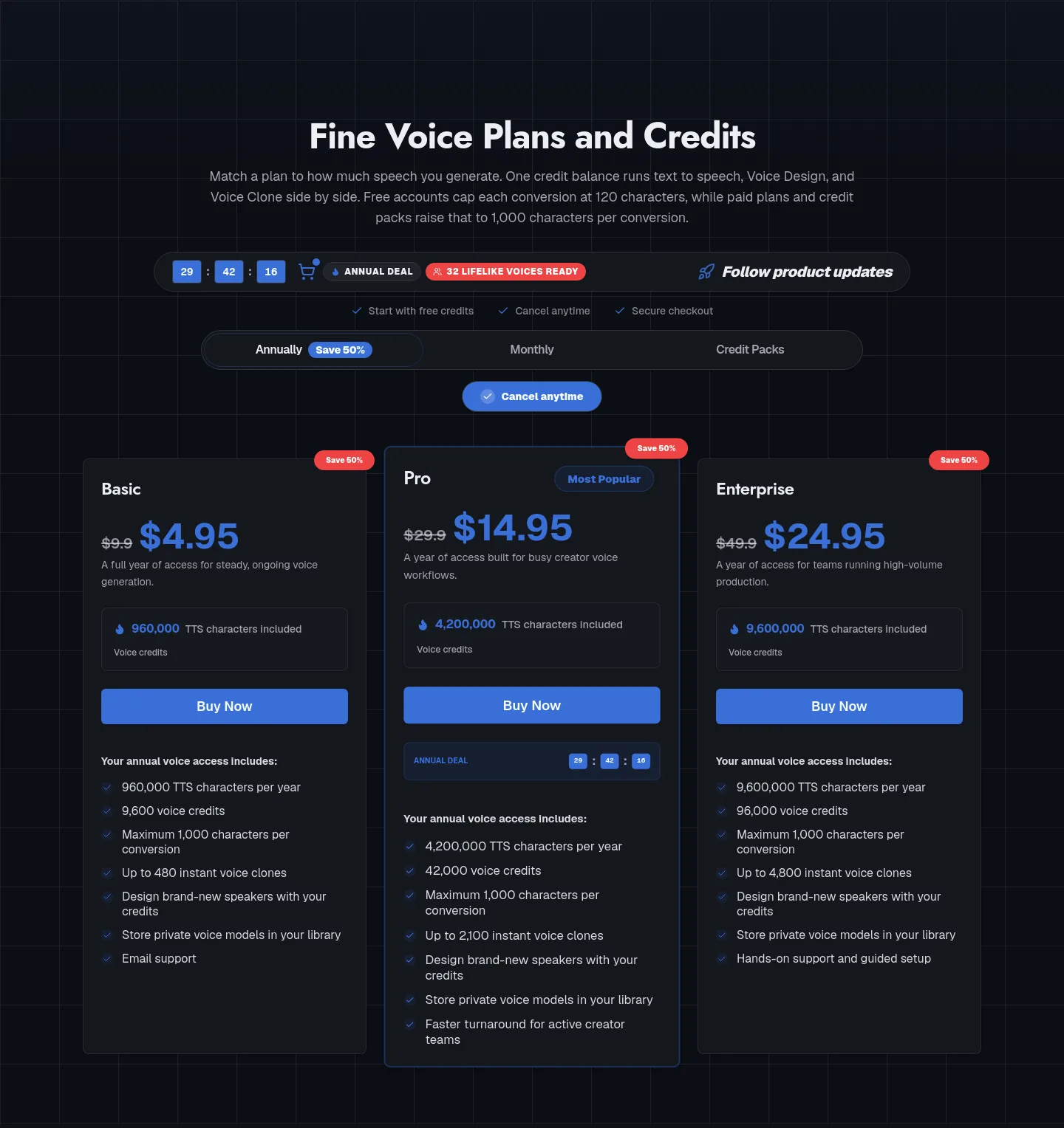 finevoice.org Pricing section