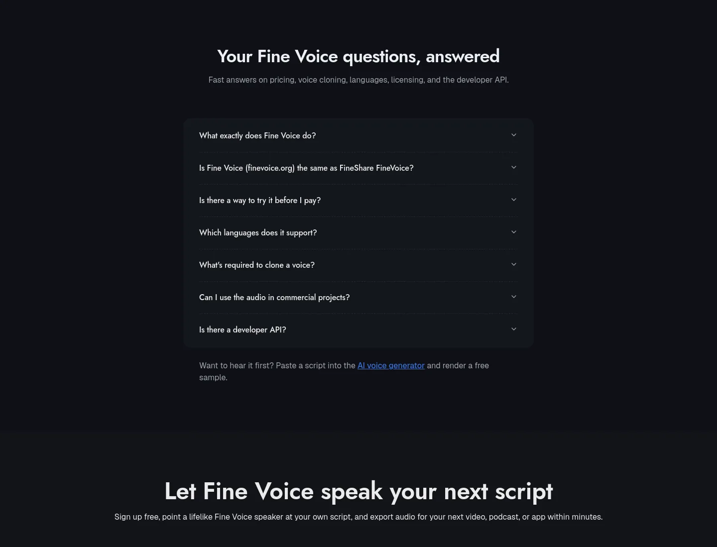finevoice.org FAQ section