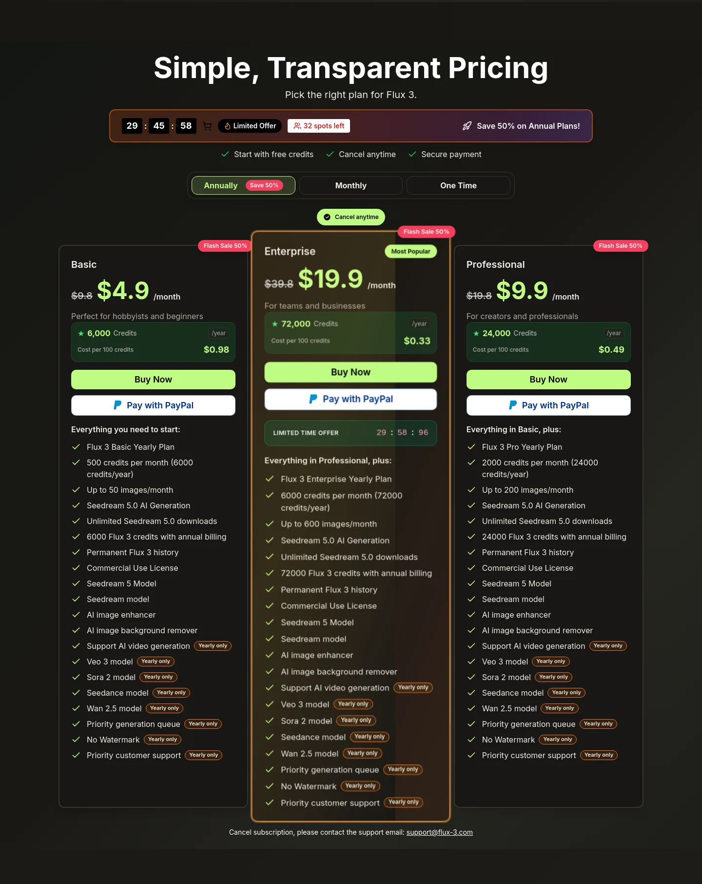 flux-3.com Pricing section