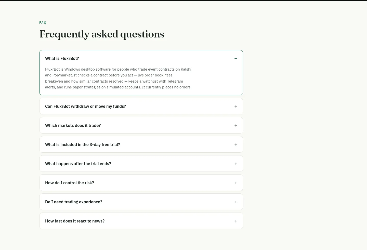 fluxrbot.com — a real FAQ section