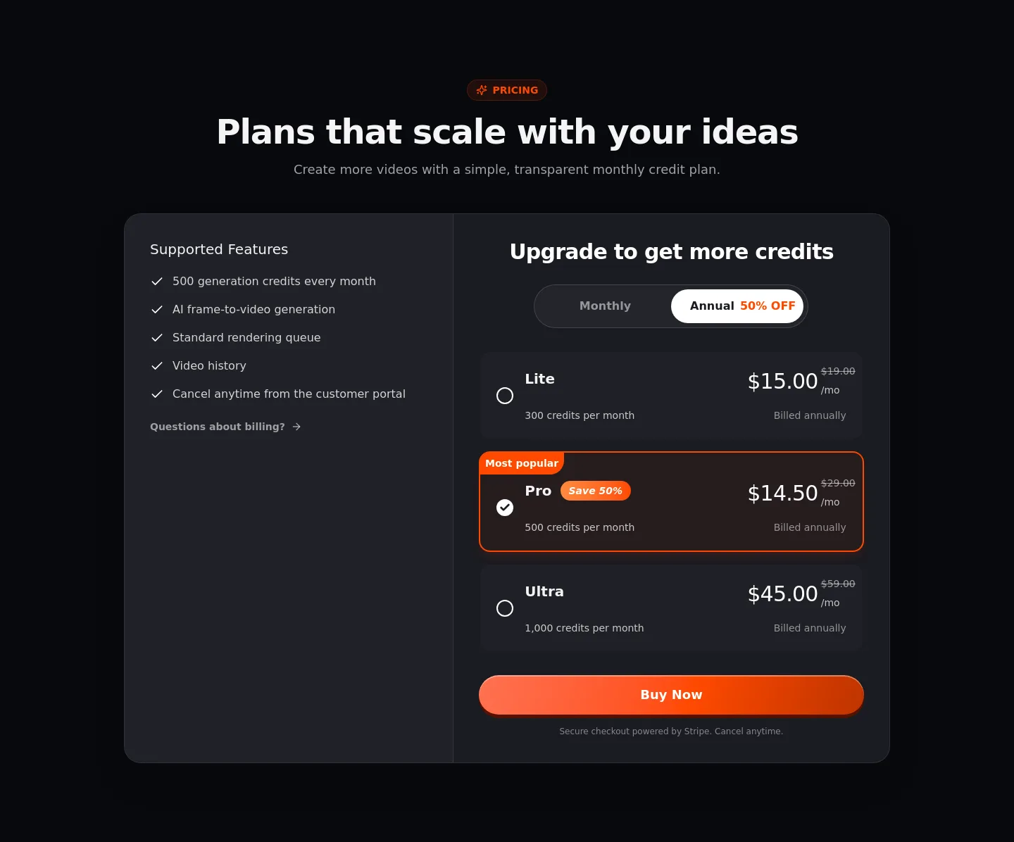 frametovideo.com Pricing section