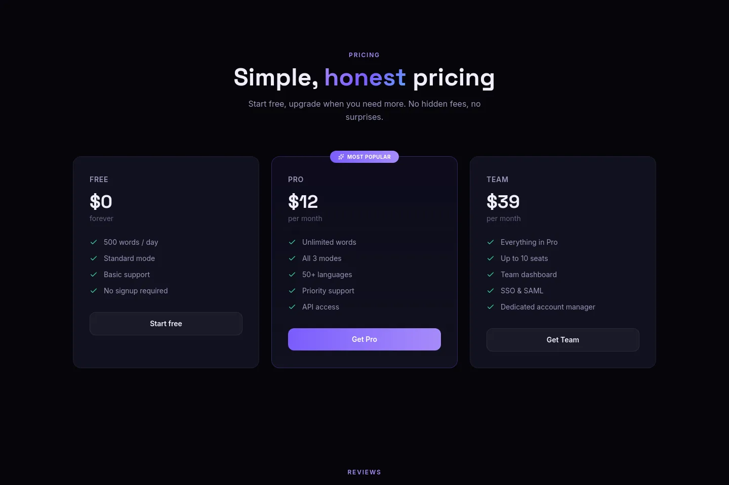 freeaihumanizer.online Pricing section