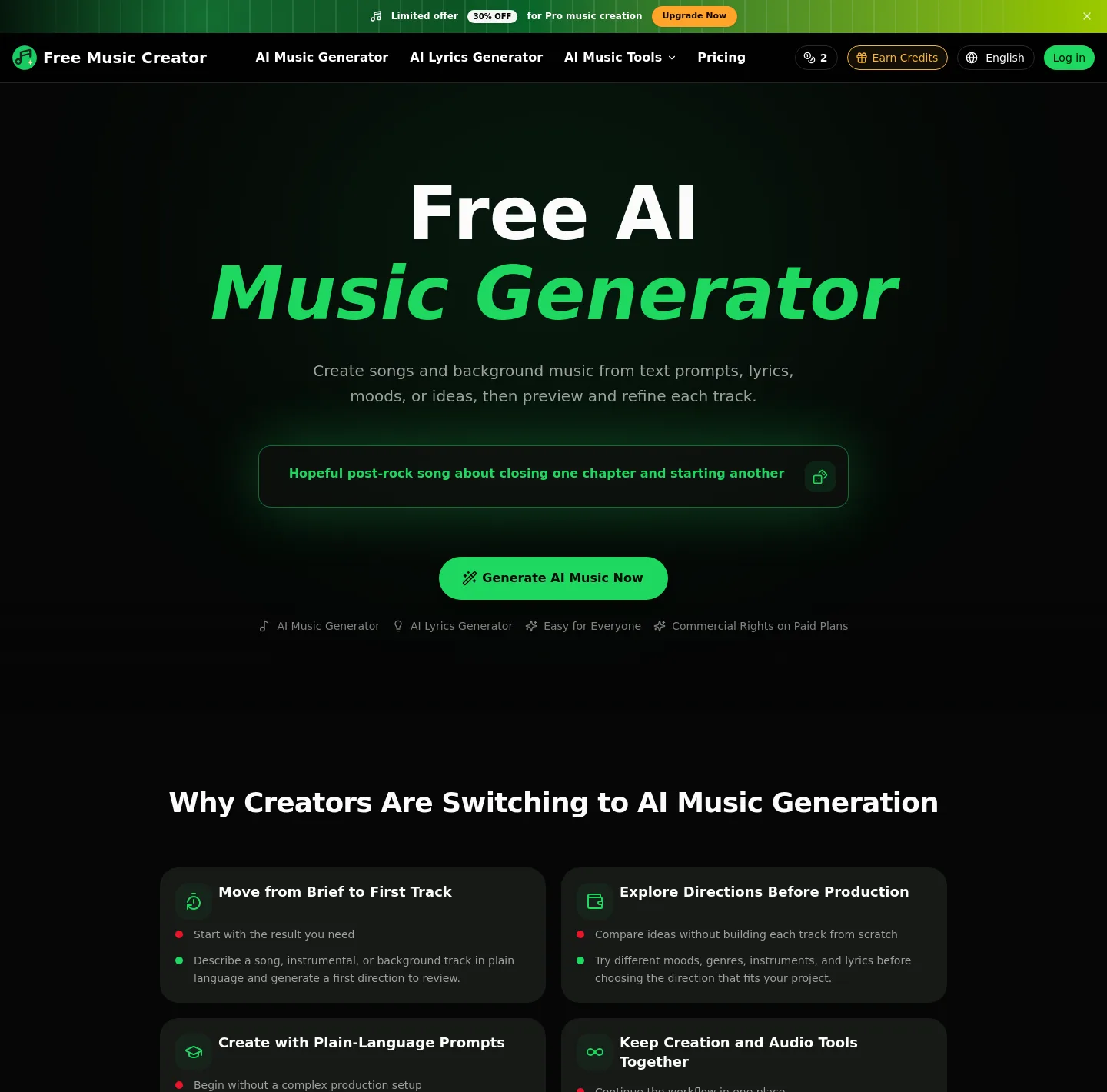 freemusiccreator.ai — a measured funnel