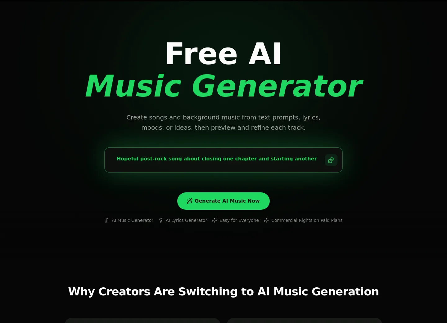 freemusiccreator.ai — a real Hero section