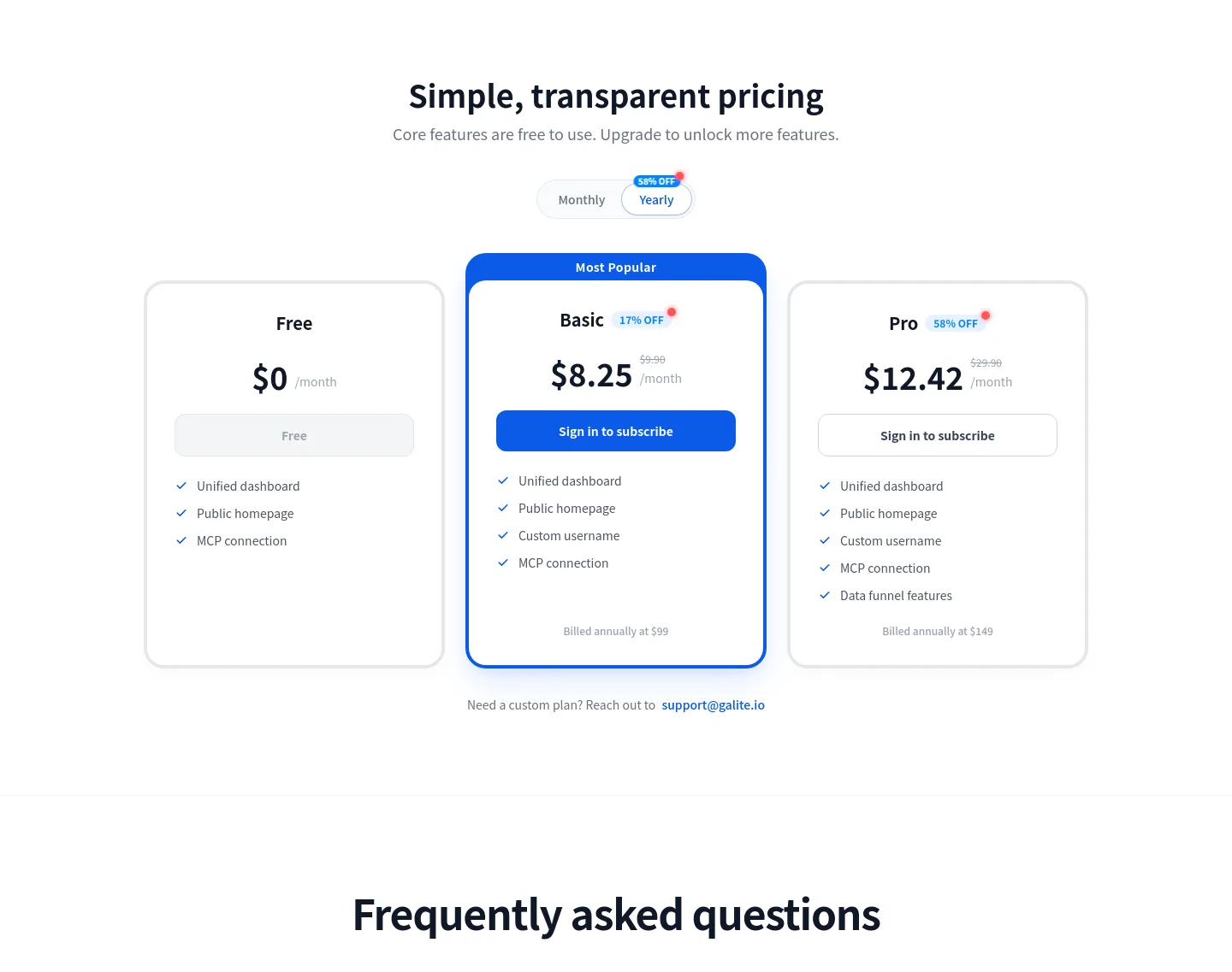 galite.io Pricing section