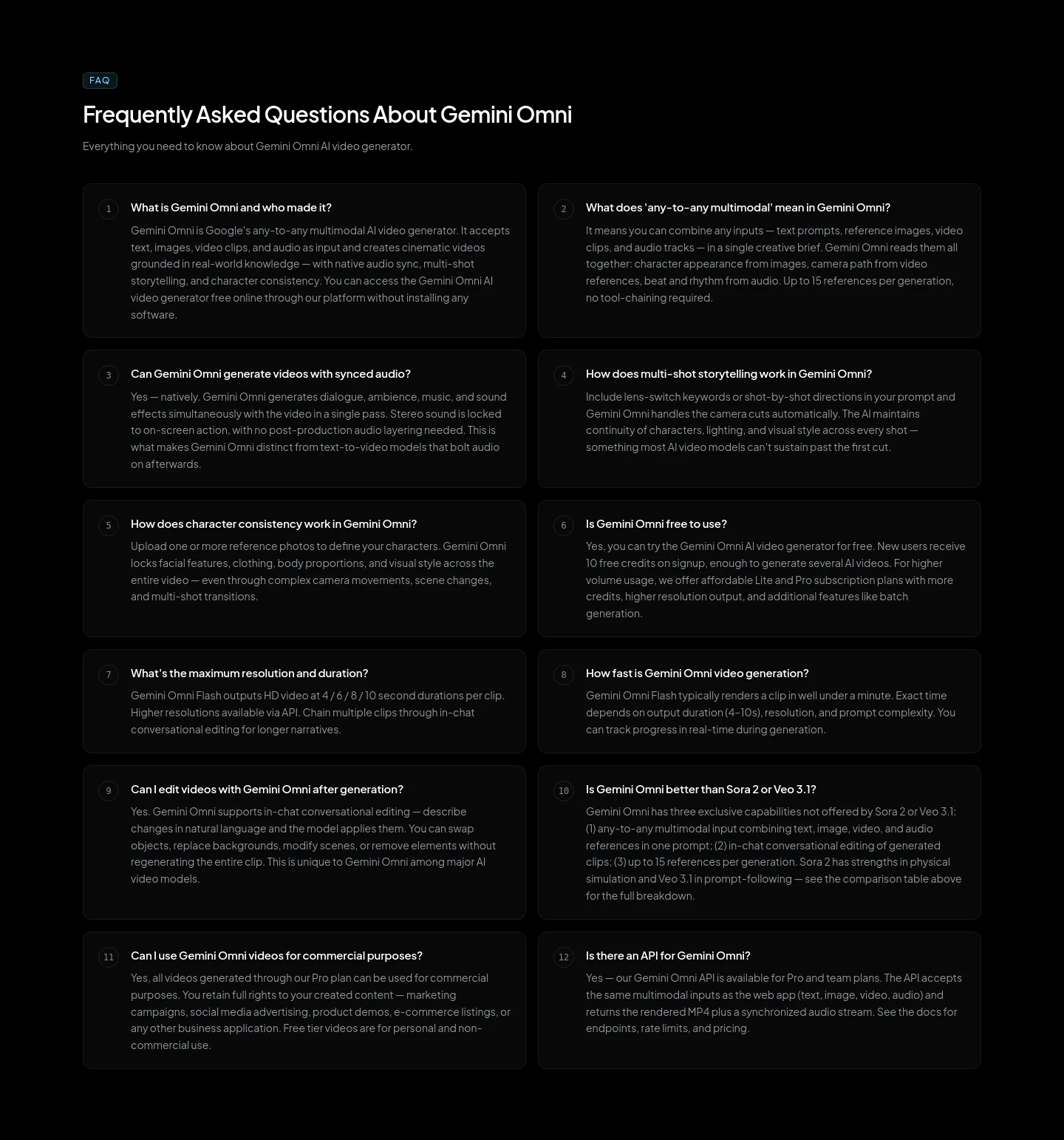 gemini-omni.pro — a real FAQ section