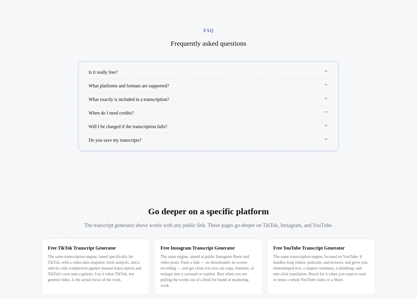 getanytranscript.com — a real FAQ section