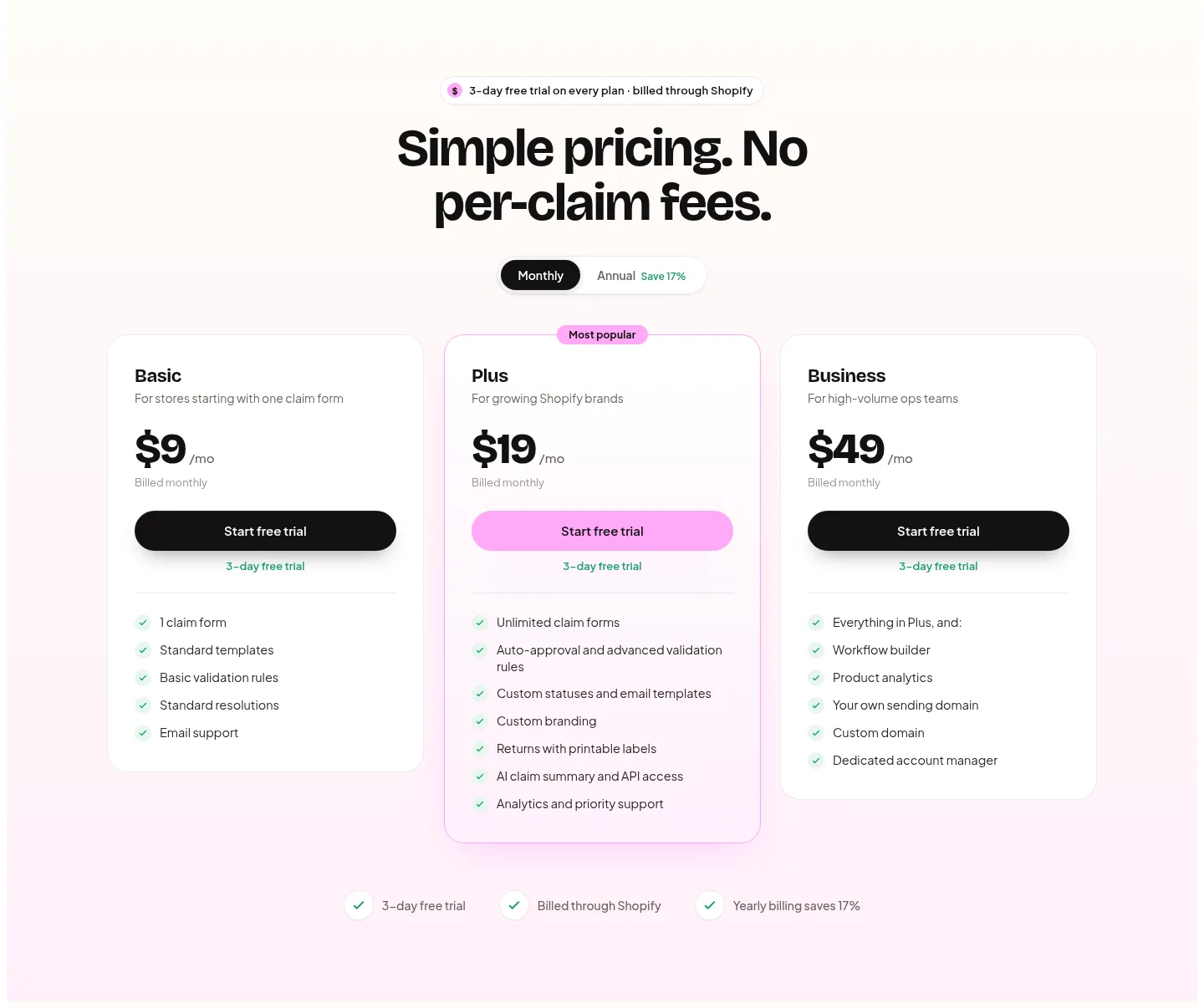 getclaimify.com — a real Pricing section