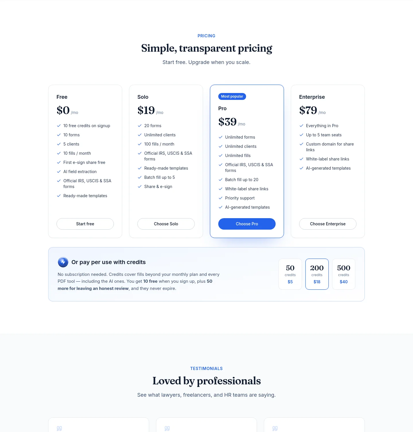 getfilly.app Pricing section