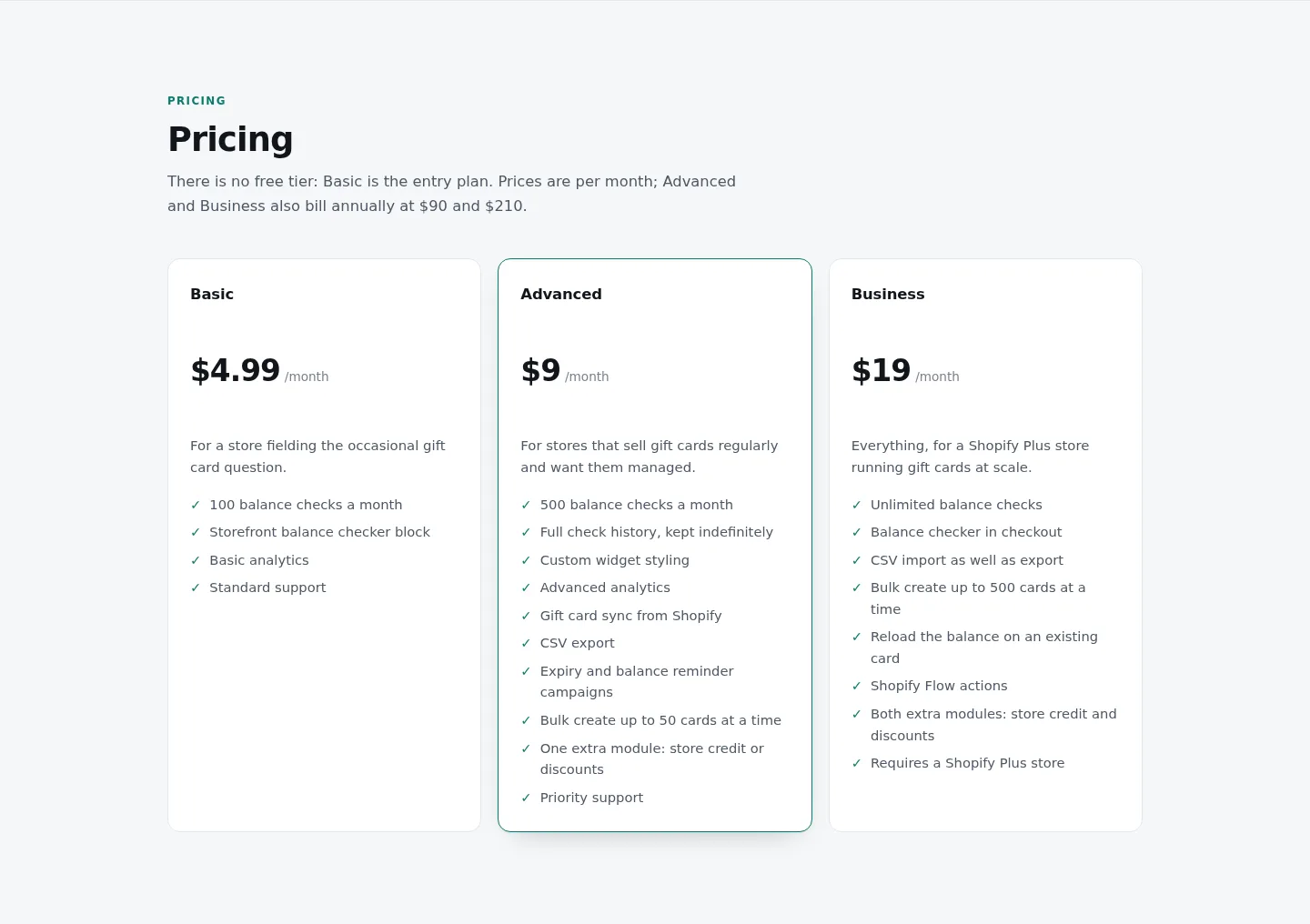 gift-card-checker.xco.agency — a real Pricing section