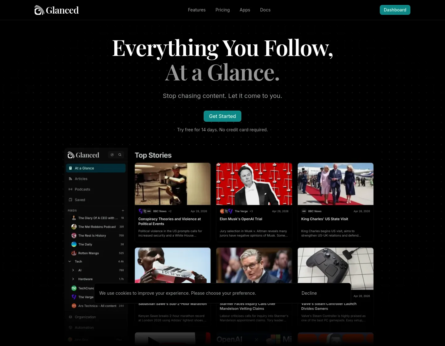 glanced.io — a real Hero section