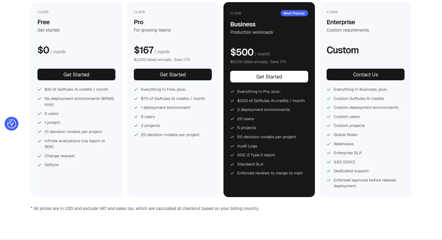 gorules.io Pricing section