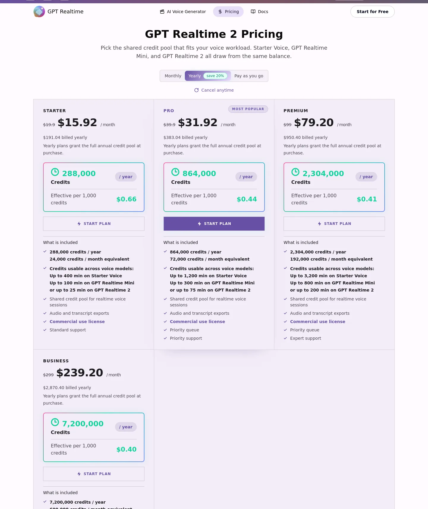 gpt-realtime.ai Pricing section